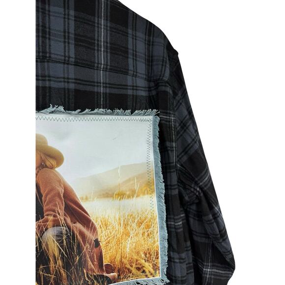 Blue Black Soft Plaid Upcycled Button Up Shirt Yellowstone Beth Dutton Patch M - Picture 6 of 8